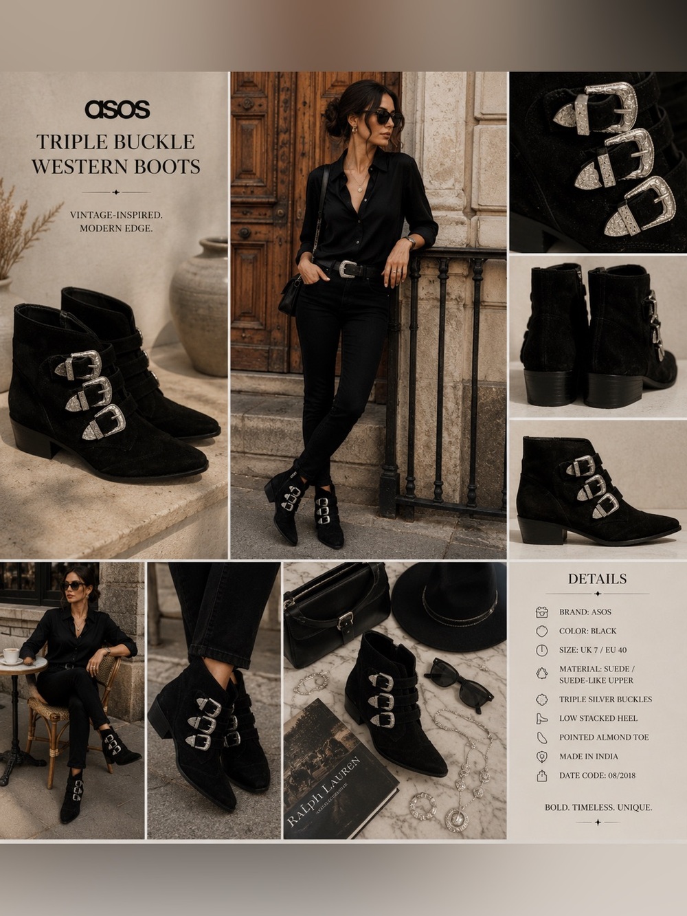 ASOS Black Suede Triple Buckle Western Ankle Boots EU 40